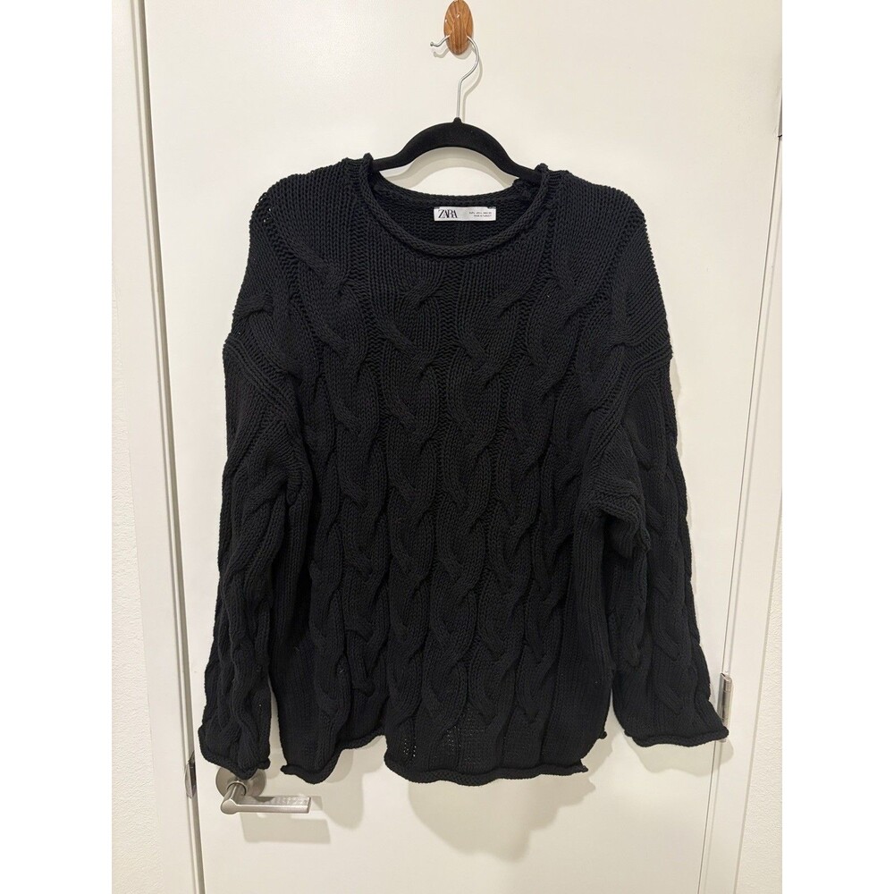 Zara Women’s Black Cable Knit Rolled Neck Chunky Oversized Sweater Size L